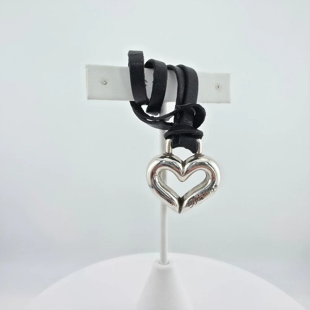 BRIGHTON Heart Key Chain Fob Handbag Charm Black Leather Strap Silver Plate 8